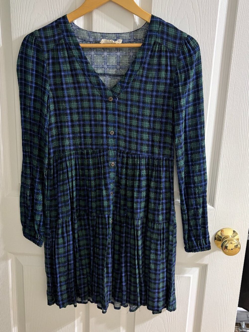 Harper Heritage Long Sleeve Babydoll Green Plaid Dress